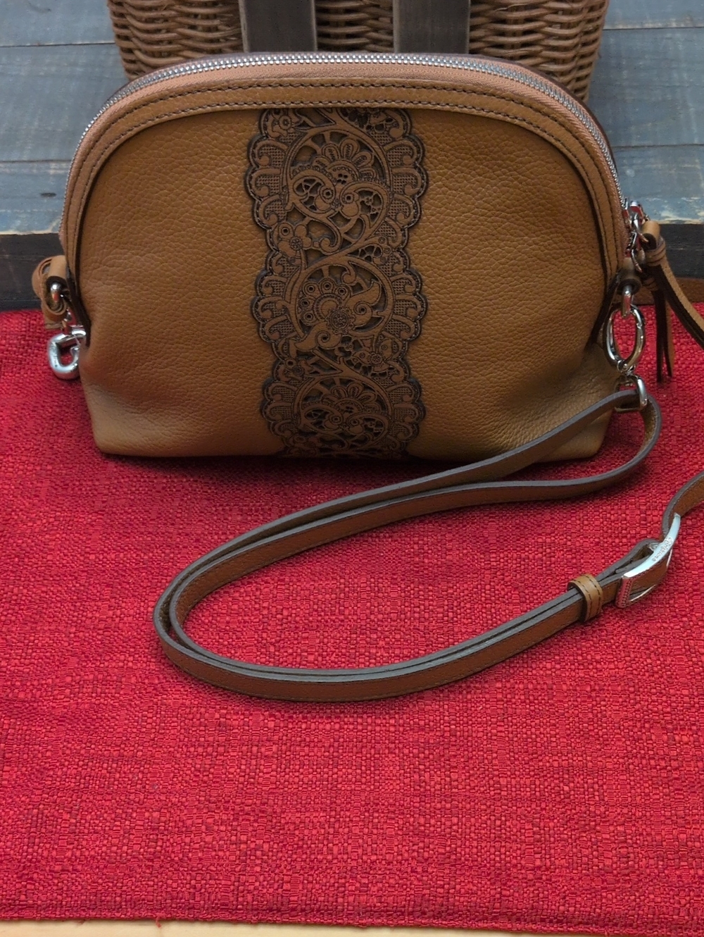Brighton Clementine Brown Clio Domed Leather Crossbody with Lace Accents